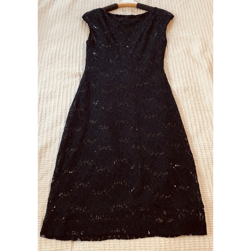 Lauren Ralph Lauren Black Sequin Lace‎ Dress 8 Sheath Fitted Stretch LBD NYE